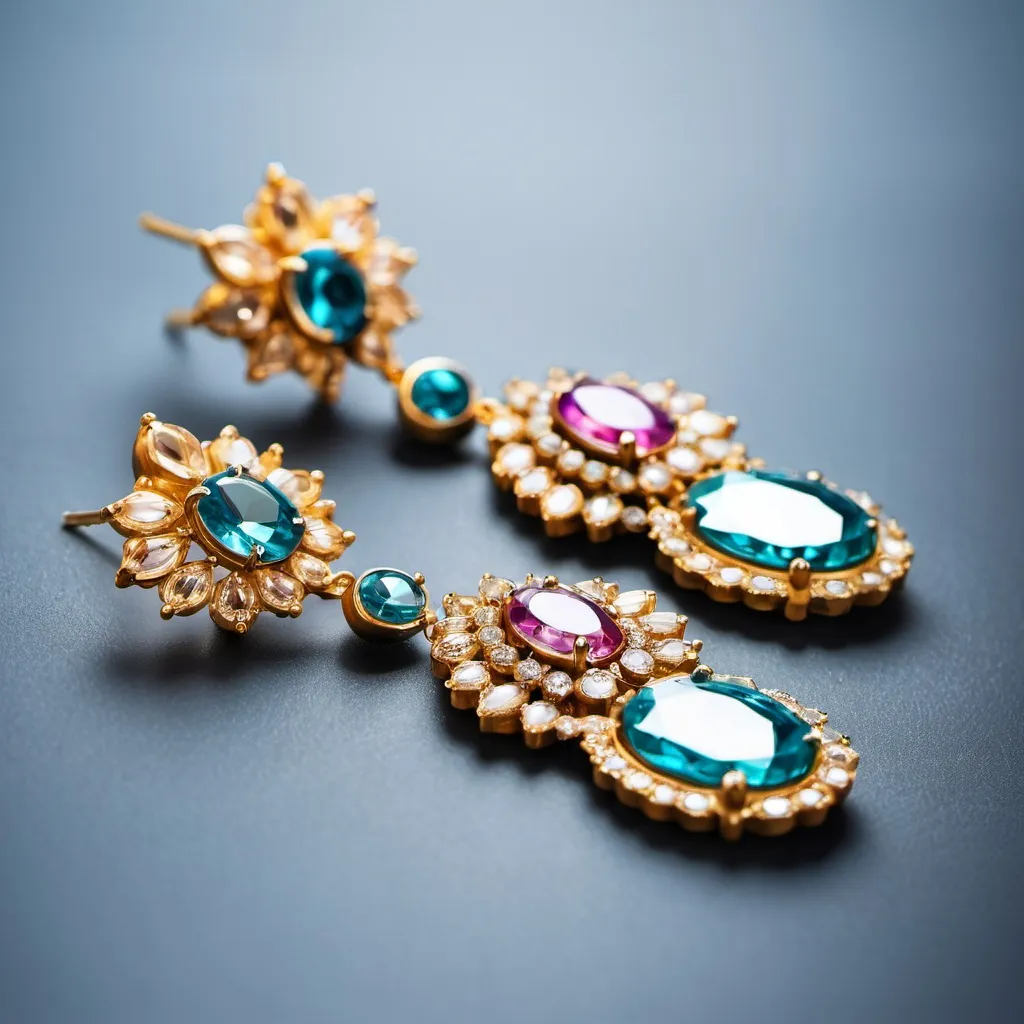 Prompt: a close up of extravagant gem stone gold earrings