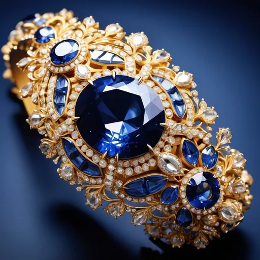 Prompt: a close up of an extravagant sapphire gold bracelet