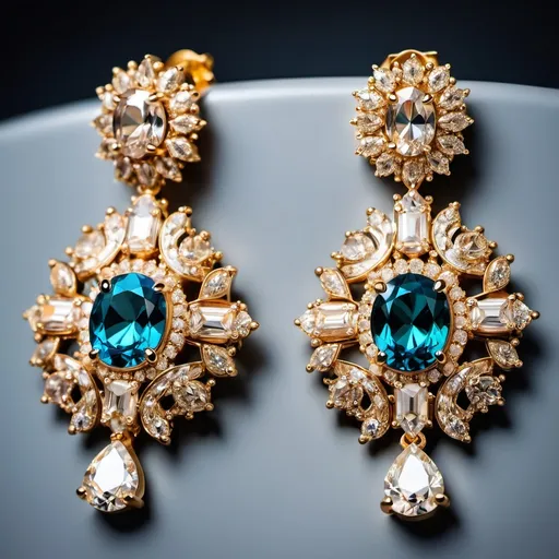 Prompt: a close up of extravagant gem stone gold earrings