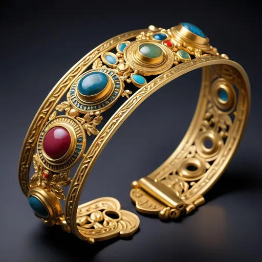 Prompt: a close up of a gold detailed ancient greek style bracelet with gems