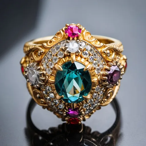 Prompt: a close up of an extravagant gem stone gold ring