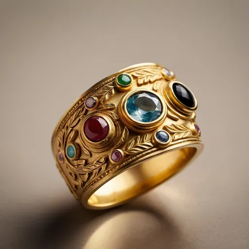 Prompt: a close up of a gold detailed ancient greek style ring
 with gems