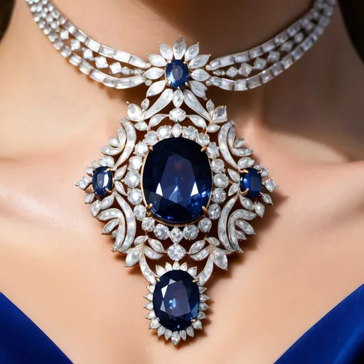 Prompt: a close up of a sapphire on an extravagant royal necklace