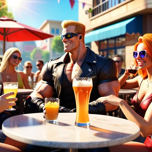 Prompt: Duke Nukem (expressing confidence and triumph), daytime scene, surrounded by friends in a vibrant outdoor cafe, raising a glass in celebration, reflecting on a huge trading success, lively and colorful atmosphere, bright sunlight casting soft highlights, detailed modern decor, cheerful energy, ultra-detailed, 4K resolution.