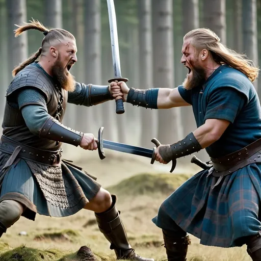 Prompt: Ragnar Lotbrok and William Wallace fighting a sword and axe combat one on One