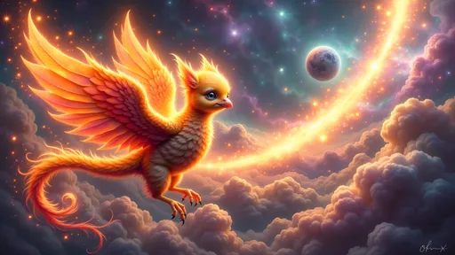 Prompt: "A baby phoenix with fiery feathers of glowing gold, red, and orange soaring joyfully through the cosmos, riding on the blazing tail of a comet. Trails of cosmic fire and stardust swirl around it as it shoots across a galaxy filled with nebulae, shooting stars, and glowing planets. The phoenix’s wings are spread wide, flickering with magical embers, its eyes gleaming with wonder. The background is a deep space dreamscape — vivid, fantastical, ultra-detailed space fantasy with magical lighting and vibrant energy trails."