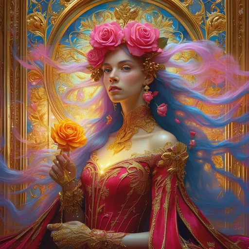 Prompt: A striking figure emerges from a richly colored backdrop, showcasing a regal woman adorned in an opulent red gown, intricately detailed with golden embroidery and heart motifs. Her long, flowing hair transitions from vibrant pink to deep blue, supplemented by a delicate rose accessory, while a golden crown rests atop her head. In her grasp, she holds a glowing rose that radiates warmth and light, symbolizing passion and magic. The mood is both enchanting and powerful, enhanced by the shimmering, textured background that suggests a mystical realm. The overall style combines elements of fantasy and digital art, creating a captivating narrative of allure and mystique.