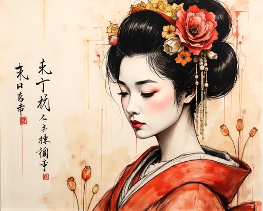 Prompt:  geisha ,mixed media art journal style, collage watercolor , chalk