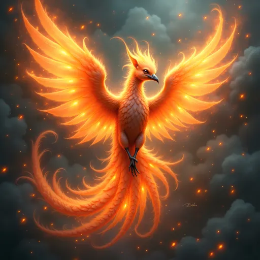 Prompt: A baby phoenix with glowing ember feathers, floating in the aura