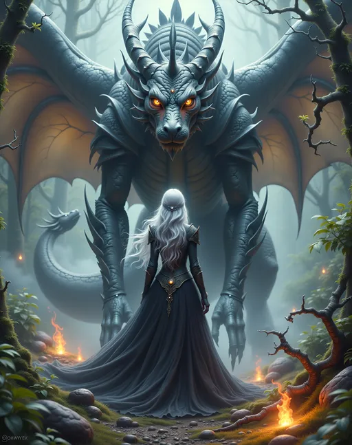 Prompt: "A mysterious silver-haired sorceress in a flowing dark gown and intricate armor stands solemnly in a misty, ancient forest. Behind her looms a colossal dragon with rough, obsidian-black scales and glowing amber eyes, exuding immense power and loyalty. The scene is shrouded in cold fog, with glowing embers floating in the air, giving the setting a haunting, epic fantasy atmosphere. The bond between dragon and mage is silent but fierce — cinematic fantasy art, ultra-detailed, dark gothic tones, moody lighting."

