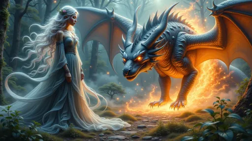 Prompt: A majestic silver-haired sorceress stands calmly in a dark, misty forest, her flowing gown blending with the shadows. Behind her, a colossal dragon unleashes a powerful breath — either a torrent of icy frost or roaring golden flames — illuminating the surroundings. The dragon’s glowing eyes and detailed obsidian-black scales shimmer in the magic-infused air, as embers and mist swirl around them. The atmosphere is intense, epic, and magical — high fantasy style, ultra-detailed, cinematic lighting with dramatic elemental effects.
