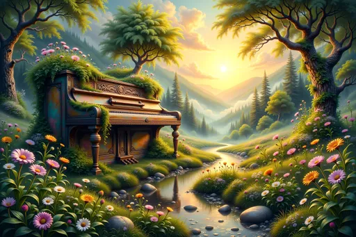 Prompt: A breathtaking surreal landscape where a massive, weathered piano keyboard forms the forest floor, its keys overgrown with lush greenery, moss, and wildflowers. A gentle river flows between the keys, reflecting the golden light of a dreamy sunrise that breaks through the misty horizon. Trees and bushes sprout from between the piano keys, blending music and nature into one harmonious scene. This fantastical artwork combines elements of nature and melody — ultra-detailed, whimsical and serene, magical realism style, golden hour lighting.