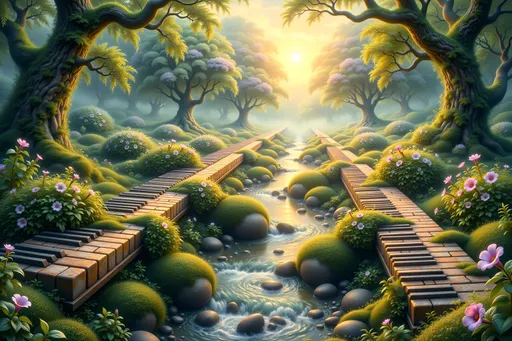 Prompt: /imagine prompt: A surreal digital painting of a vast piano keyboard forming the riverbanks of a tranquil forest stream, piano keys weathered and overgrown with moss, vibrant shrubs between keys, river flowing gently in the center. Misty sunlight breaking through clouds, warm and cool light interplay. Created Using: digital brushwork, fantasy realism, top-down aerial composition, golden hour lighting, photobash layering, environmental storytelling, depth-of-field blur, concept art style --ar 16:9 --v 6.0
