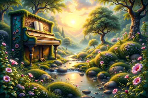 Prompt: A breathtaking surreal landscape where a massive, weathered piano keyboard forms the forest floor, its keys overgrown with lush greenery, moss, and wildflowers. A gentle river flows between the keys, reflecting the golden light of a dreamy sunrise that breaks through the misty horizon. Trees and bushes sprout from between the piano keys, blending music and nature into one harmonious scene. This fantastical artwork combines elements of nature and melody — ultra-detailed, whimsical and serene, magical realism style, golden hour lighting.