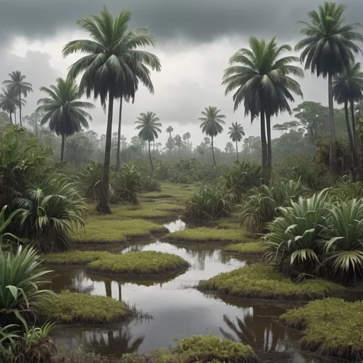 Prompt: A landscape:  a tropical swampland under a heavy,
murky sky, damp, luxuriant, and enormous, a kind of prehistoric
wilderness of islands, bogs, and arms of water, sluggish with mud.  In the distance, the hairy shafts of palms rising out
of a rank lecherous thicket, out of places where the plant-life was fat,
swollen and blossoming.