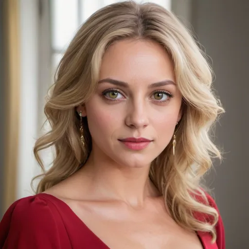 Prompt: An extraordinarily attractive woman, with medium-length blond hair and hazel eyes. She wears a vivid  crimson dress. 