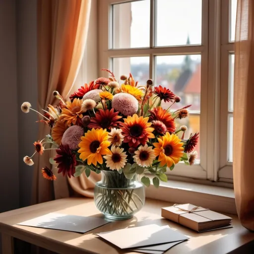 Prompt: Happy birthday postcard with a view of a big bouquet of autumn flowers on a table next to the window in a beautiful room. Happy birthday inscription on a postcard