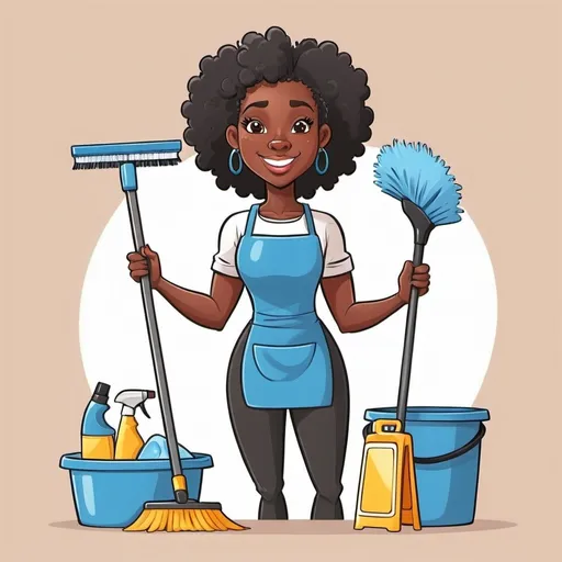 Prompt: cartoon black woman with cleaning service and product 