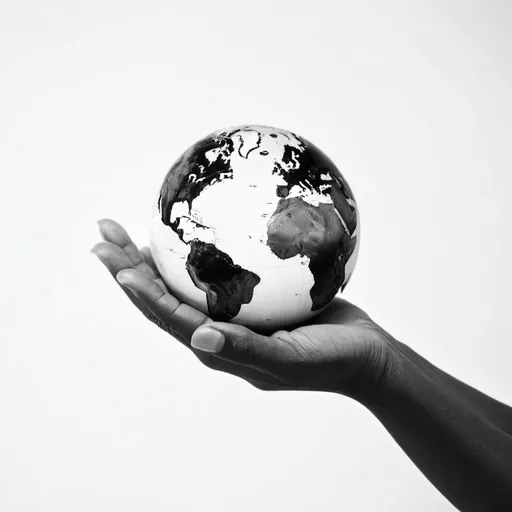 Prompt: black and white photo of black hand holding the earth white background