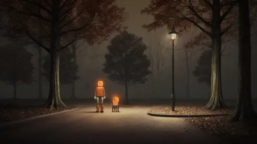 Prompt: Simon Stålenhag Style, dark wooded park, realistic robot walking dog, sidewalk, vacuum tube orange lamp posts, realistic, highly detailed, atmospheric lighting, deep shadows, soft warm amber lights creating contrast, intricate textures on trees and foliage, uneasy and mysterious mood, twilight, HD, ultra-detailed, photorealistic atmosphere.