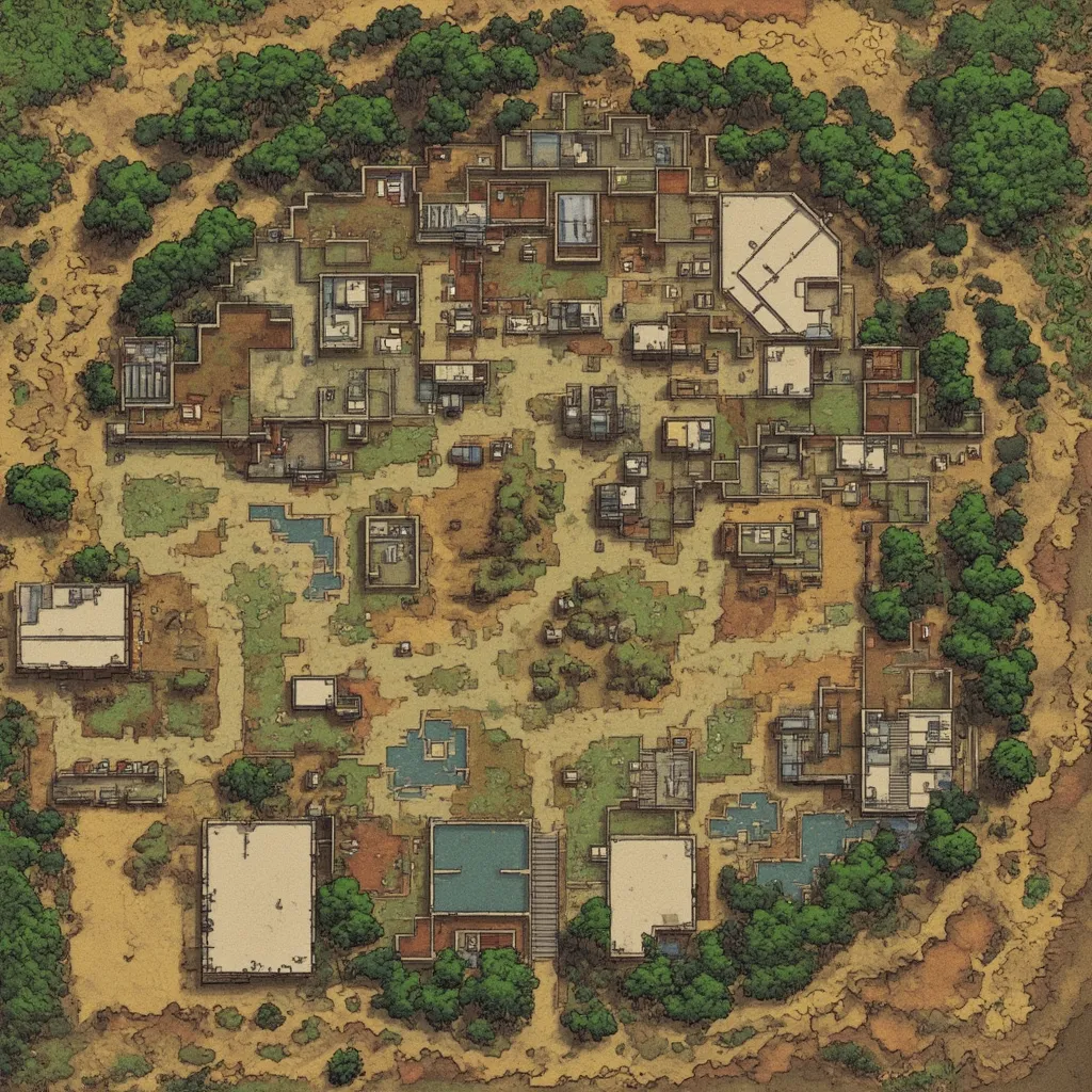 Prompt: Rimworld, Overhead map of a rural futuristic space colony on another planet. Include residential, kitchen, bathrooms, farming, and storage