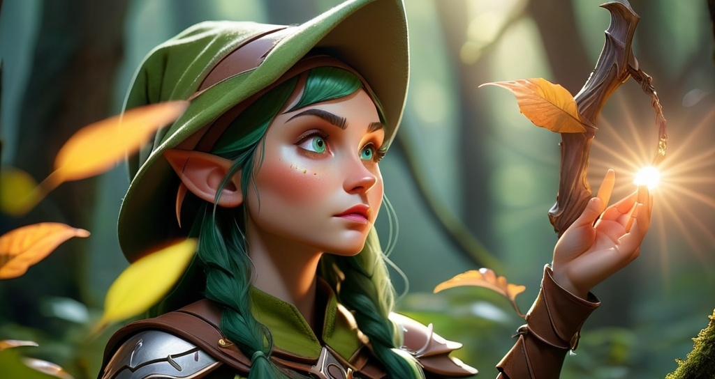 Prompt: Elf ranger in a mystical forest around sunlight
