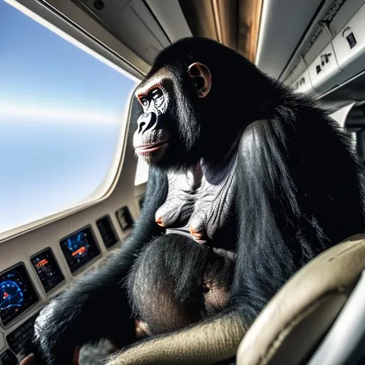 Prompt: An ape sitting in an airplane's cockpit