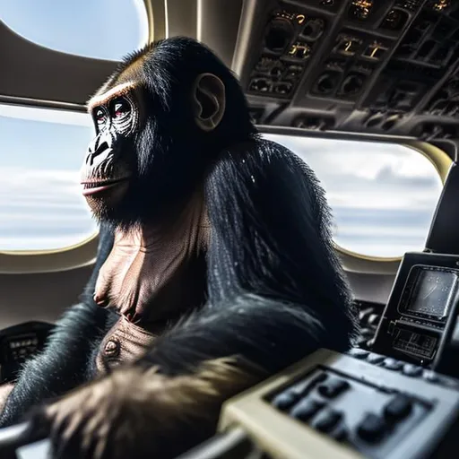 Prompt: An ape sitting in an airplane's cockpit