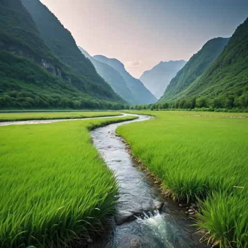 Prompt: Travel, grass field mountain rivers


