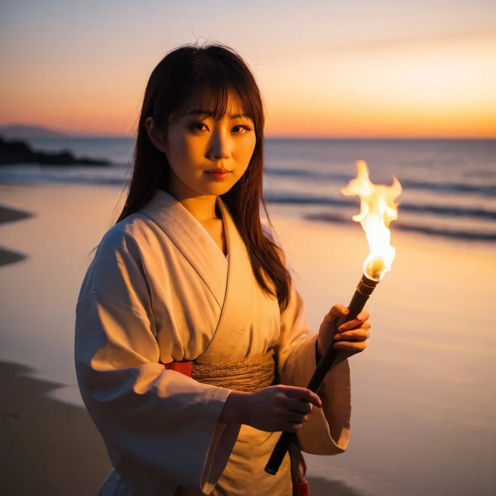 Prompt: japanese girl with a sunset in a beach and burning torches
