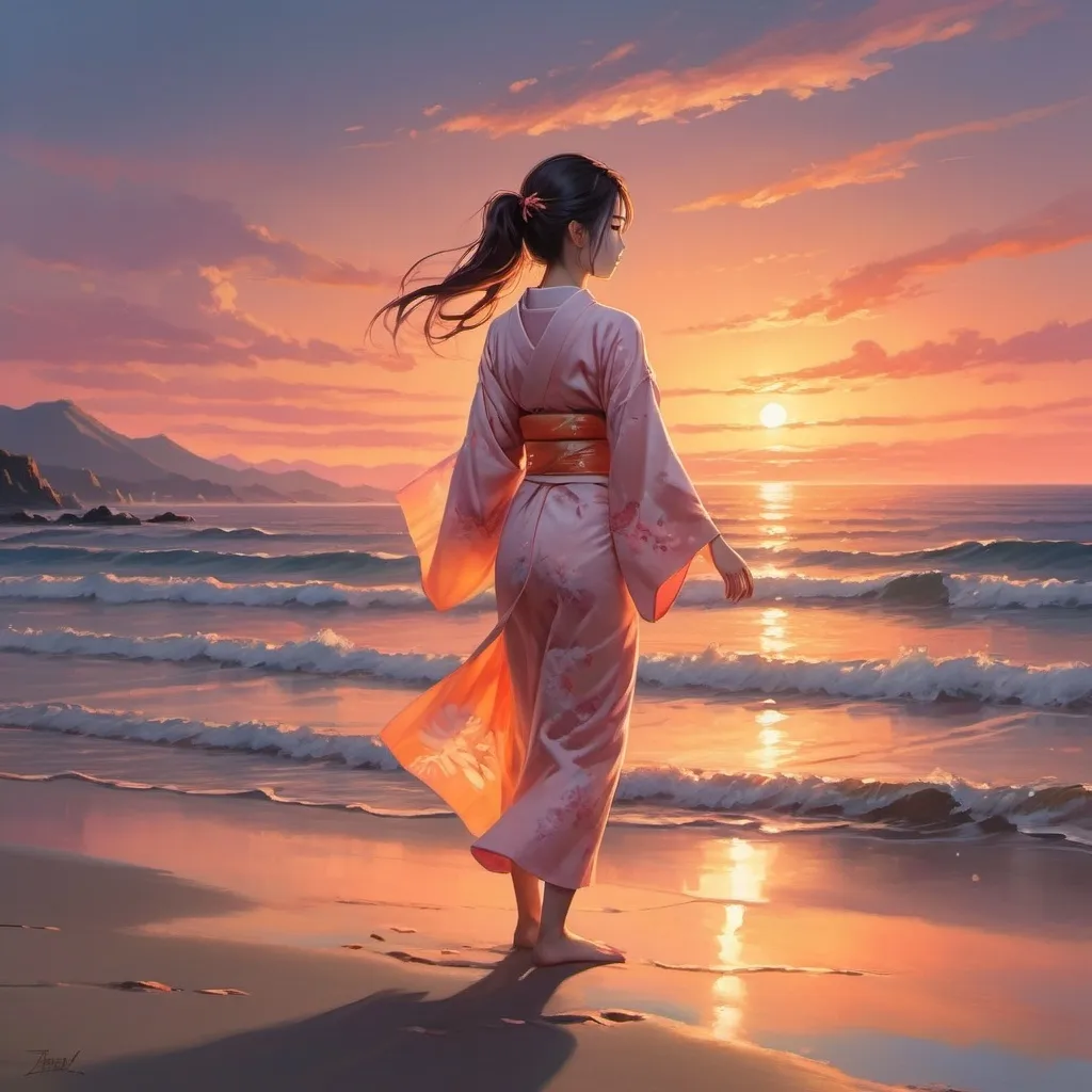 Prompt: japanese girl with a sunset in a beach and burning torches
