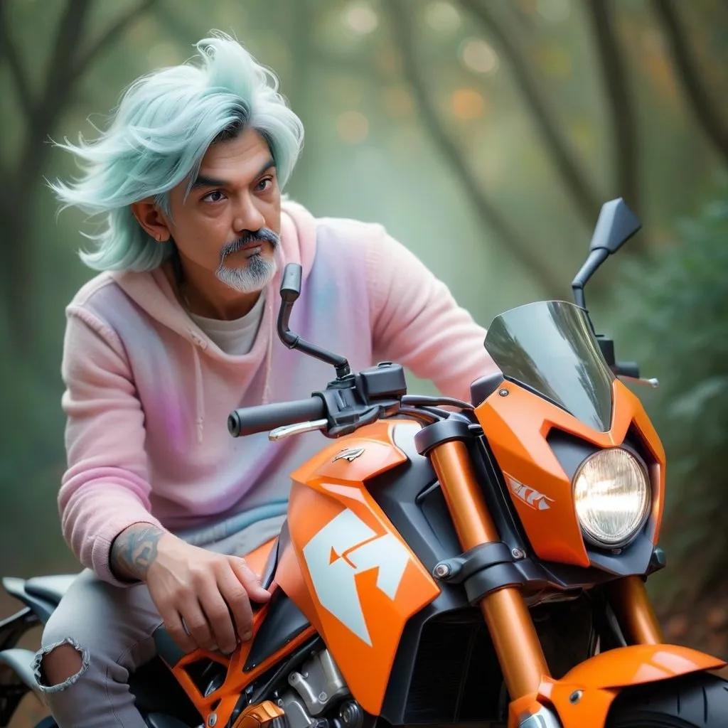 Prompt: Dreamy pastel portrait, wizard, ethereal atmosphere, soft focus. KTM Duke390 2024 