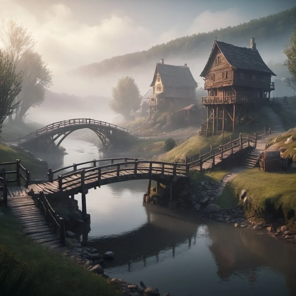 Prompt: small settlement, foggy, bridge and river, dramatic fantasy settlement scene, cinematic lighting