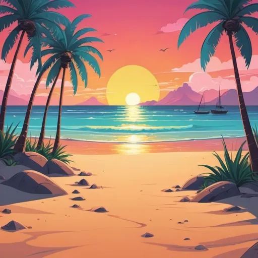 Prompt: a cartoon beach with a sunset palm trees bright colors with nothing on the beach