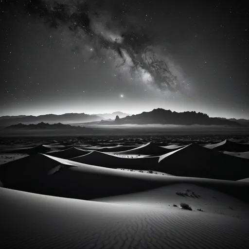 Prompt: A black and white high-resolution photo of a vast desert landscape. The foreground is barren, jagged mountains rise majestically in the distance, silhouetted against a breathtaking night sky filled with countless stars.