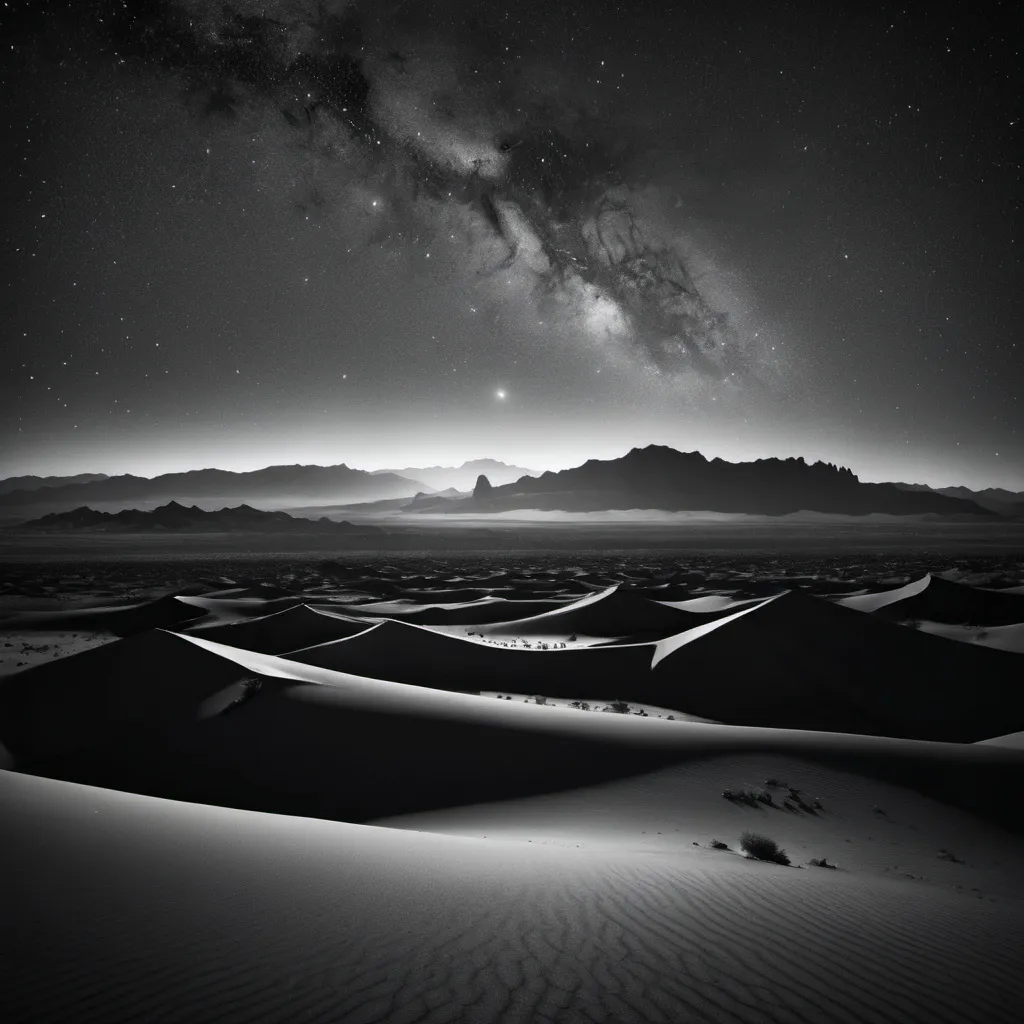 Prompt: A black and white high-resolution photo of a vast desert landscape. The foreground is barren, jagged mountains rise majestically in the distance, silhouetted against a breathtaking night sky filled with countless stars.