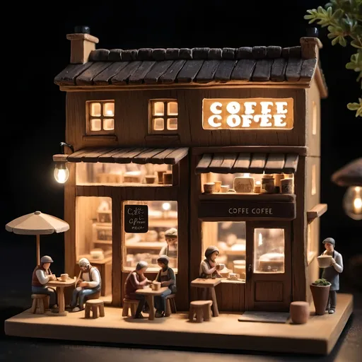 Prompt: Tiny wooden coffee shop, tiny people, stone oven, busy customers at night 