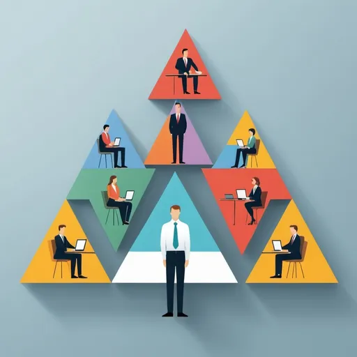 Prompt: The image features three distinct groups, each representing the sales team, marketing team, and headquarters. They are positioned in a triangular formation, with each group facing the others. However, there are barriers or walls between them, symbolizing the communication blockages.