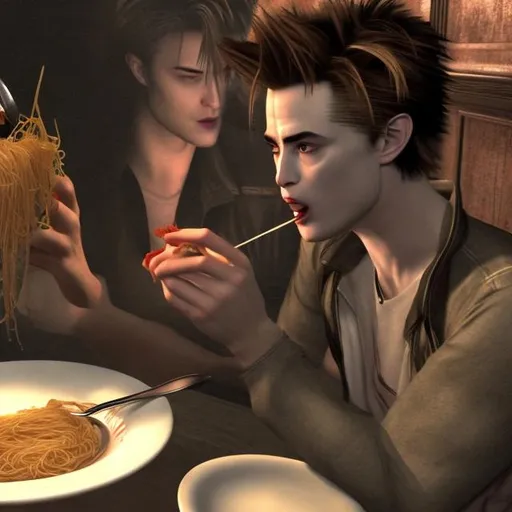 Prompt: Edward Cullen eating spaghettis with James Sunderland from Silent Hill 2