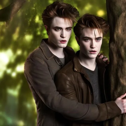 Prompt: Edward Cullen in a tree kissing jacob
