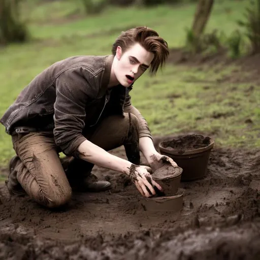 Prompt: Edward Cullen playing with mud and making pie