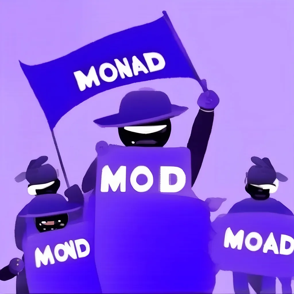 Prompt: <mymodel> 
A purple man raising and waving a purple colored flag with monad written on it