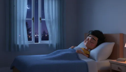 Prompt: @CYaPcSHcbhVjDHRygHC4 is trying to sleep. This is a night scene. This is a bedroom scene. There is an open window with curtains. This is a calm night. @CYaPcSHcbhVjDHRygHC4 has blanket and pillow. This is 3d pixar like with soft colors. Lights are dim.