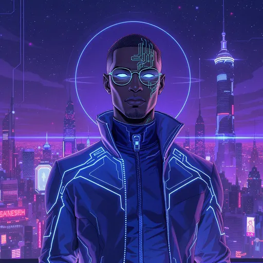 Prompt: A sleek posthuman character of color stands against a luminous futuristic skyline. They wear round-rim glasses and a high-tech casual suit that glows subtly at the seams. Their skin features faint glowing circuitry patterns, and small, elegant implants peek out from their temples and forearms. The expression is stern and composed—this is a mind honed by adversity and precision. Background: minimalist megalopolis in soft twilight purples and blues, evoking slick Apple-style futurism. Lens flare and subtle halos arc around neon signage. Cover layout suitable for a sci-fi comic book or graphic novel.