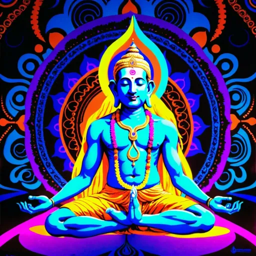 Prompt: Psychedelic blacklight poster: Lord Ganeshe in yoga pose. Vibrant colors and images in background