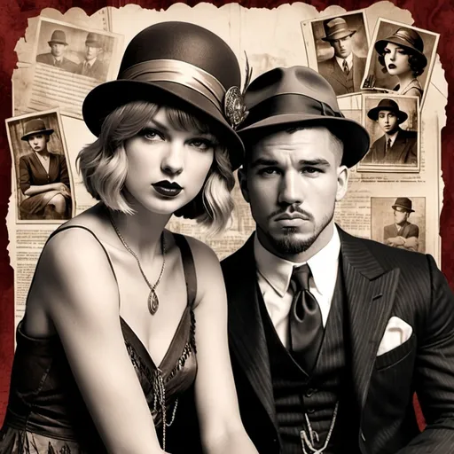 Prompt: Sepia Bonnie and Clyde theme, Taylor Swift 1920's Flapper cloche with Travis Kelce, steampunk, bootlegging couple in sepia, tabloid art, collage torn red highlights, cut old paper backdrop, bold brushstroke, gritty texture, 1930s art nouveau, sepia
No people in background. Black and White, Sepia, no color, sad facial expression. Bonnie and Clyde




