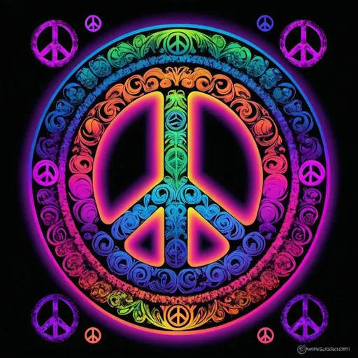 Prompt: create a watermark of a cool blacklight image of a peace sign of vibrant, psychedelic colors.