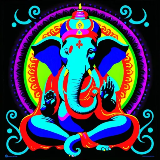 Prompt: Psychedelic blacklight poster: Lord Ganeshe the Elephant god in yoga pose. Vibrant colors and images in background