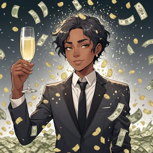 Prompt: Max O'Millions: Anime style 
Millioniare ethnically ambigiguous androgynous person holding a champagne glass in one hand with dollars raining down in the background
