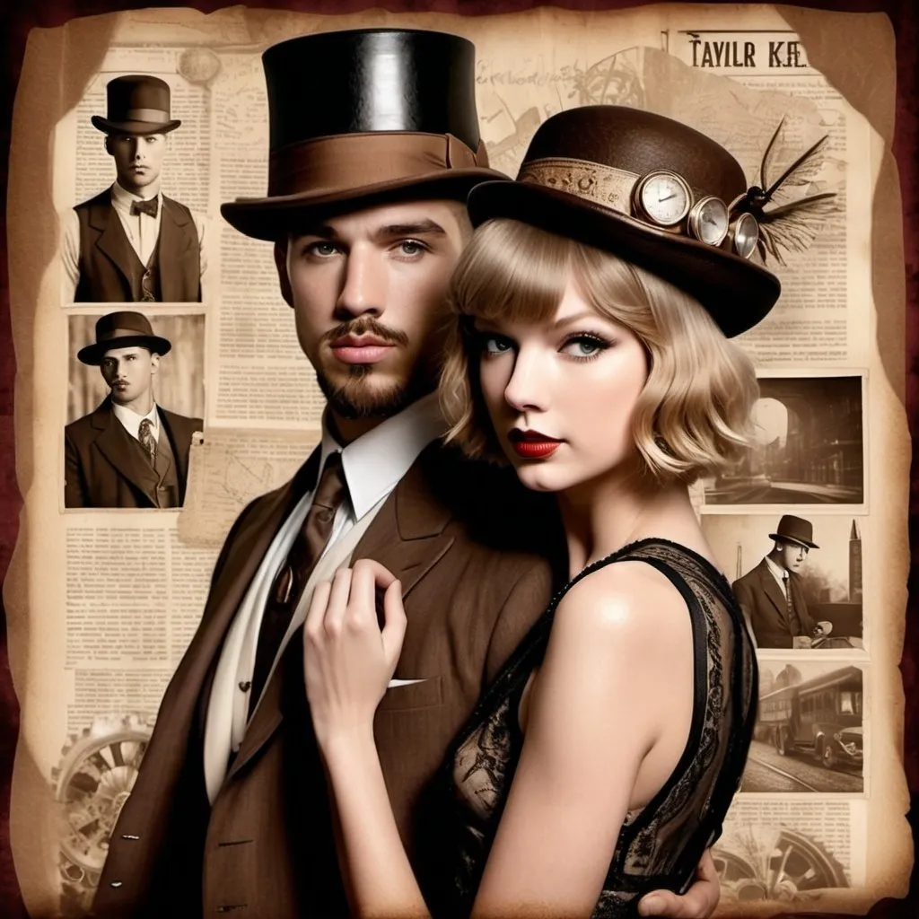 Prompt: Sepia Steampunk Bonnie and Clyde theme, Taylor Swift 1920's hair bobbed with cloche/hat Flapper cloche with Travis Kelce, steampunk, bootlegging couple in sepia, tabloid art, collage torn red highlights, cut old paper backdrop, bold brushstroke, gritty texture, 1930s art nouveau, sepia
No people in background. 



